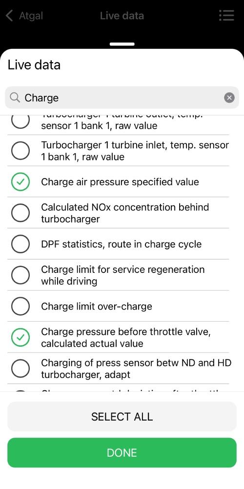 The image shows the OBDeleven "Live data" screen, listing boost pressure selectable engine parameters for real-time monitoring.