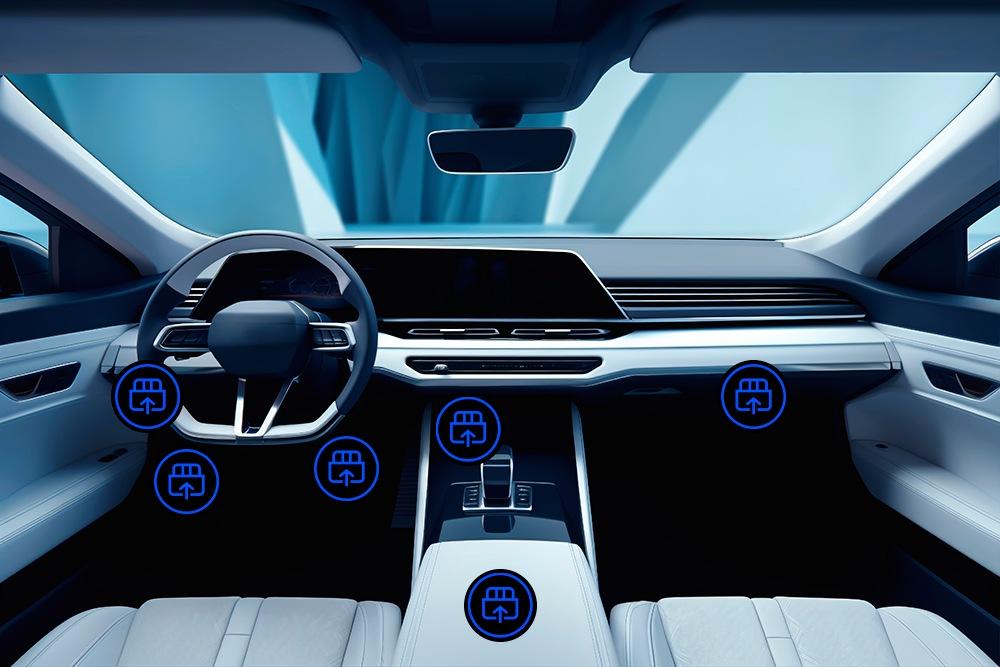 A modern car interior with icons indicating various potential locations for the OBD2 port, such as under the steering wheel and near the center console.