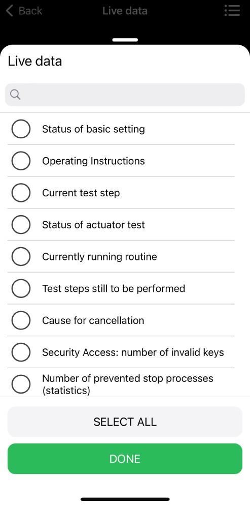 The image shows the OBDeleven "Live data" screen, listing various selectable engine parameters for real-time monitoring.