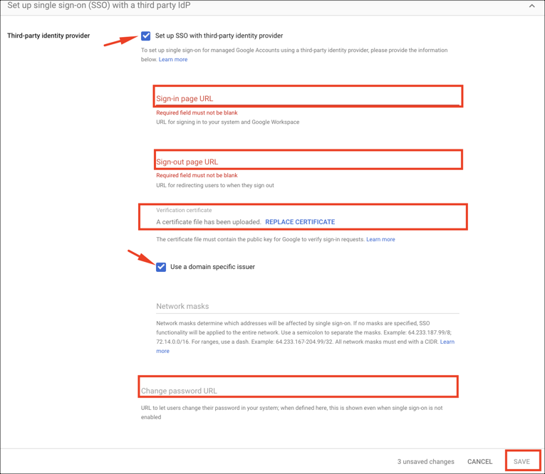 Enter SAML config values