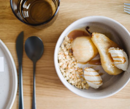 Sharing a recipe for cider poached pears with Our Place dinnerware