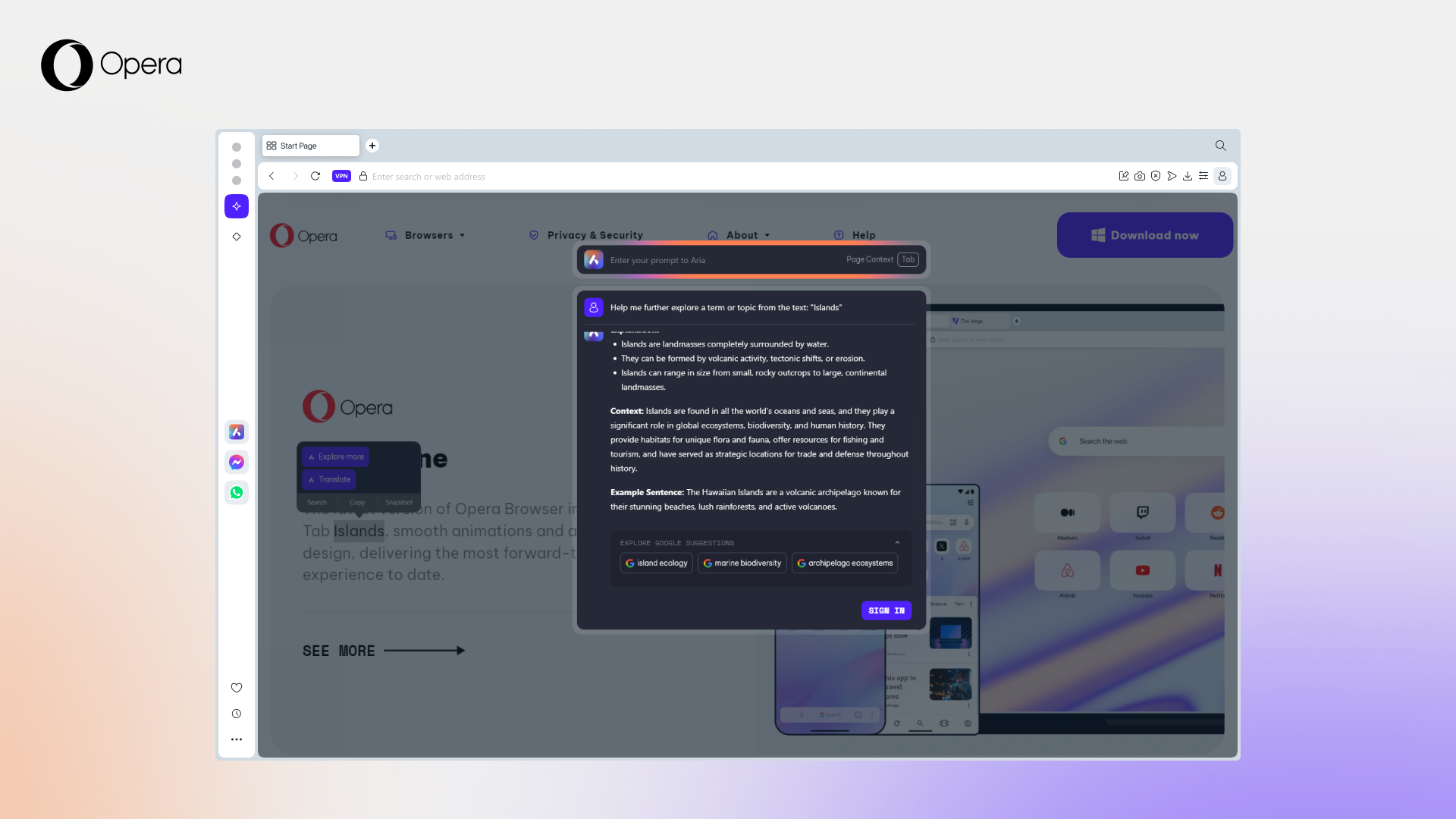 Aria's "Explore more" and "Translate" are now available without needing to sign into your Opera account.