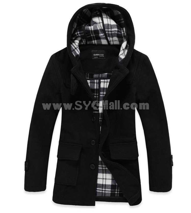 Men's Coat Extra Thick Plaid Lining Hooded Wool (10-1616-Y223)