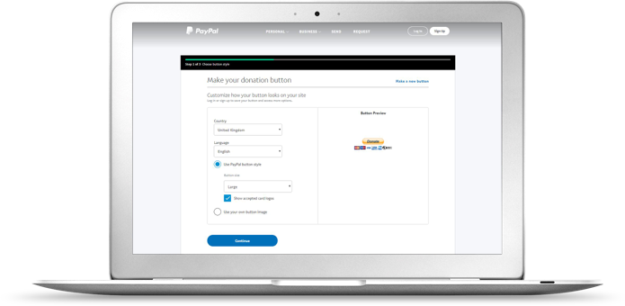 Laptop displaying how to create a donation button on PayPal.