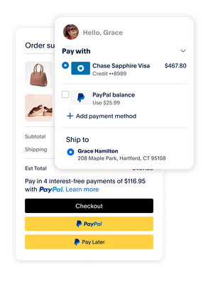 PayPal checkout options shown paying for a bag and shoes