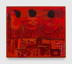 an abstract painting with red and orange colors on the bottom half of it, in front of a cityscape