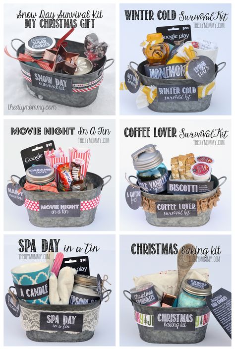 A whole bunch of gift basket ideas + free printables! #christmas #giftbasket #printables Winter Cold Survival Kit, Baby Shower Candy Bar Game, 10 Secret Santa Gifts, Tree Baskets, Joululahjat Diy, Diy Mommy, Homemade Wedding Gifts, Shower Prizes, Presente Diy