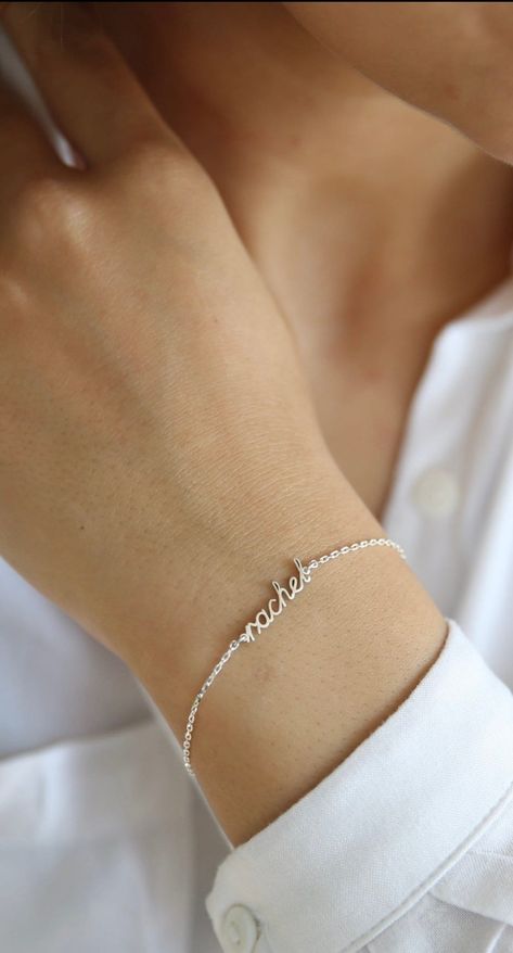 "Sterling Silver Name Bracelet,Personalized Bracelet,Gift For Her,Personalized Gifts,Personalized Jewelry Name Bracelet, Personalized Gifts, Personalized Bracelet-Gift For Her ❤️Minimalist look and dainty design❤️ ABOUT PRODUCTS; Handmade with 925 Solid Sterling Silver We have color options. Silver Gold Rose gold All of my bracelets come with an extra 2\" extension Comes with a stylish gift-ready elegant jewelry box ** ANY PROBLEMS AND PLEASE CONTACT ME IN ORDER CONTENT, THANK YOU ** **" Dainty Bracelets Silver, Silver Name Bracelet, Silver Bracelets Simple, Silver Bar Bracelet, Silver Bracelet Designs, Small Earrings Gold, Jewelry Name, Silver Engraved Bracelet, Fancy Jewelry Necklace