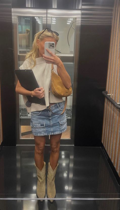 2024 European Summer Outfits, Matilda Djerf Cowboy Boots, Work Outfit With Cowboy Boots, Going Out La Outfit, Charlotte York Summer Outfits, Fall Outfit With Cowboy Boots, Cowboy Boots Denim Skirt, Sweater Dress Cowboy Boots, Cowboy Boot Summer Outfits