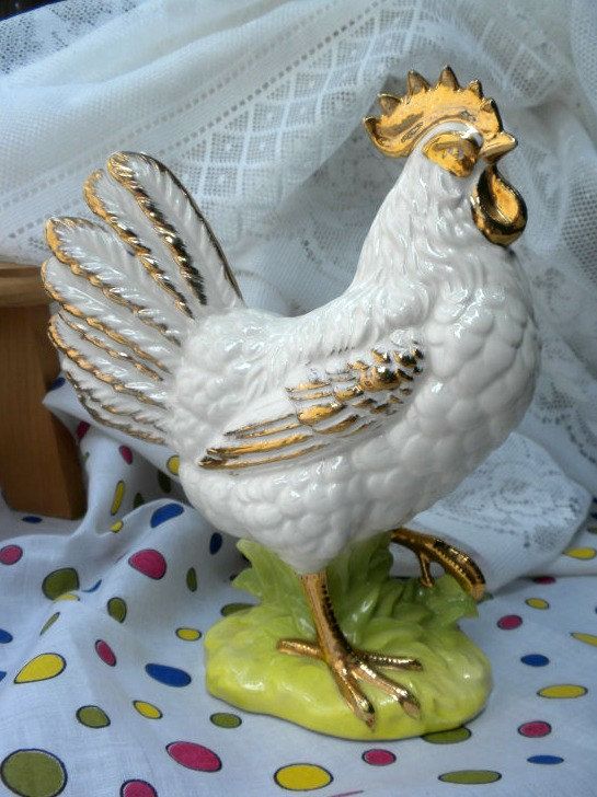 ... rooster, 9 inches, white and gold, home decor, white rooster figurine