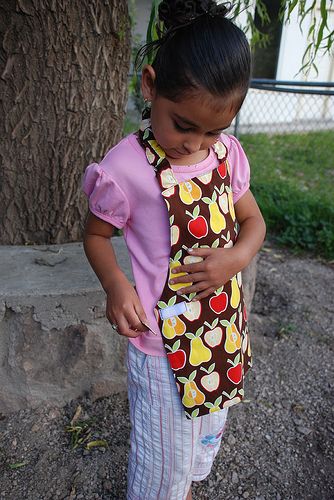 Best kid apron EVER. So easy to make. I added a front pocket and about 5" in length. Kids can put it on themselves w/ velco vs. tie. I made two last night.... love!