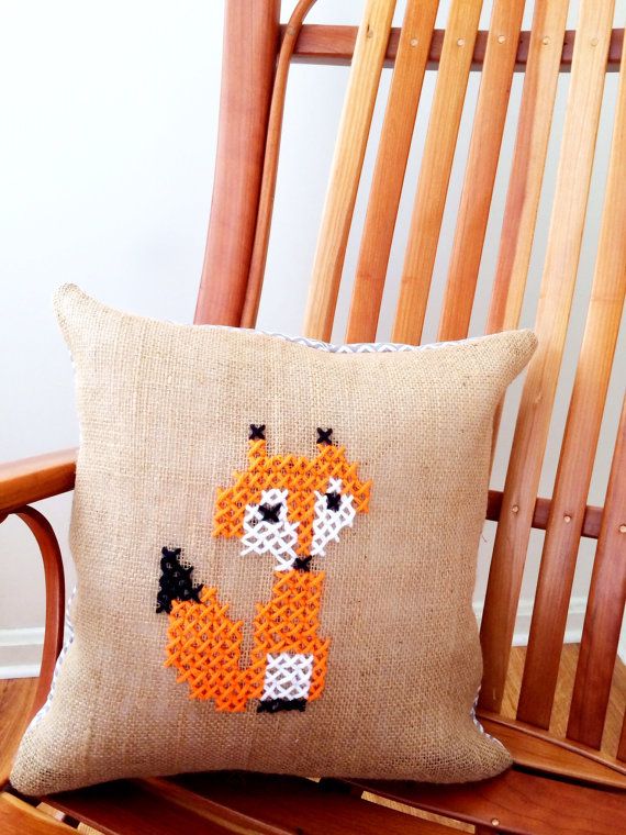 Fox Burlap Pillow  Cross Stich and Burlap and by LindasOtherLife, $18.00