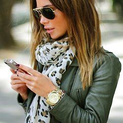 white leopard scarf + olive leather jacket + gold watch