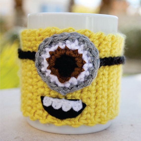 Despicable Me Minion -ish Coffee Mug Tea Cup Cozy - One - Eyed Minion Crochet Sleeve. $18.00, via Etsy.