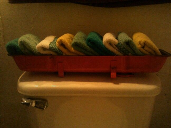 Repurposed 1976 Chevy valve cover to put my wash cloths in to match my car part theme bathroom.