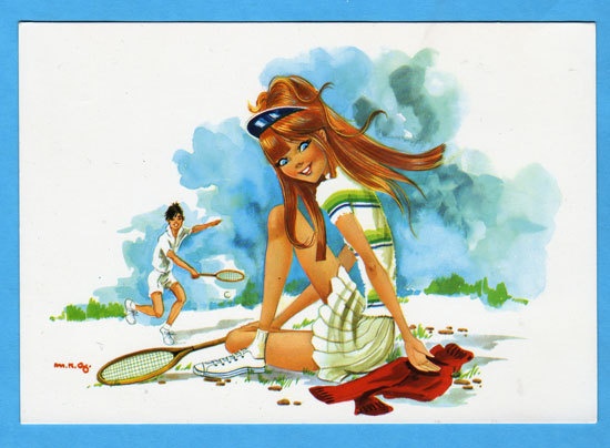 Vintage post card 70s. Mod boy and girl having a nice day on the tennis court.