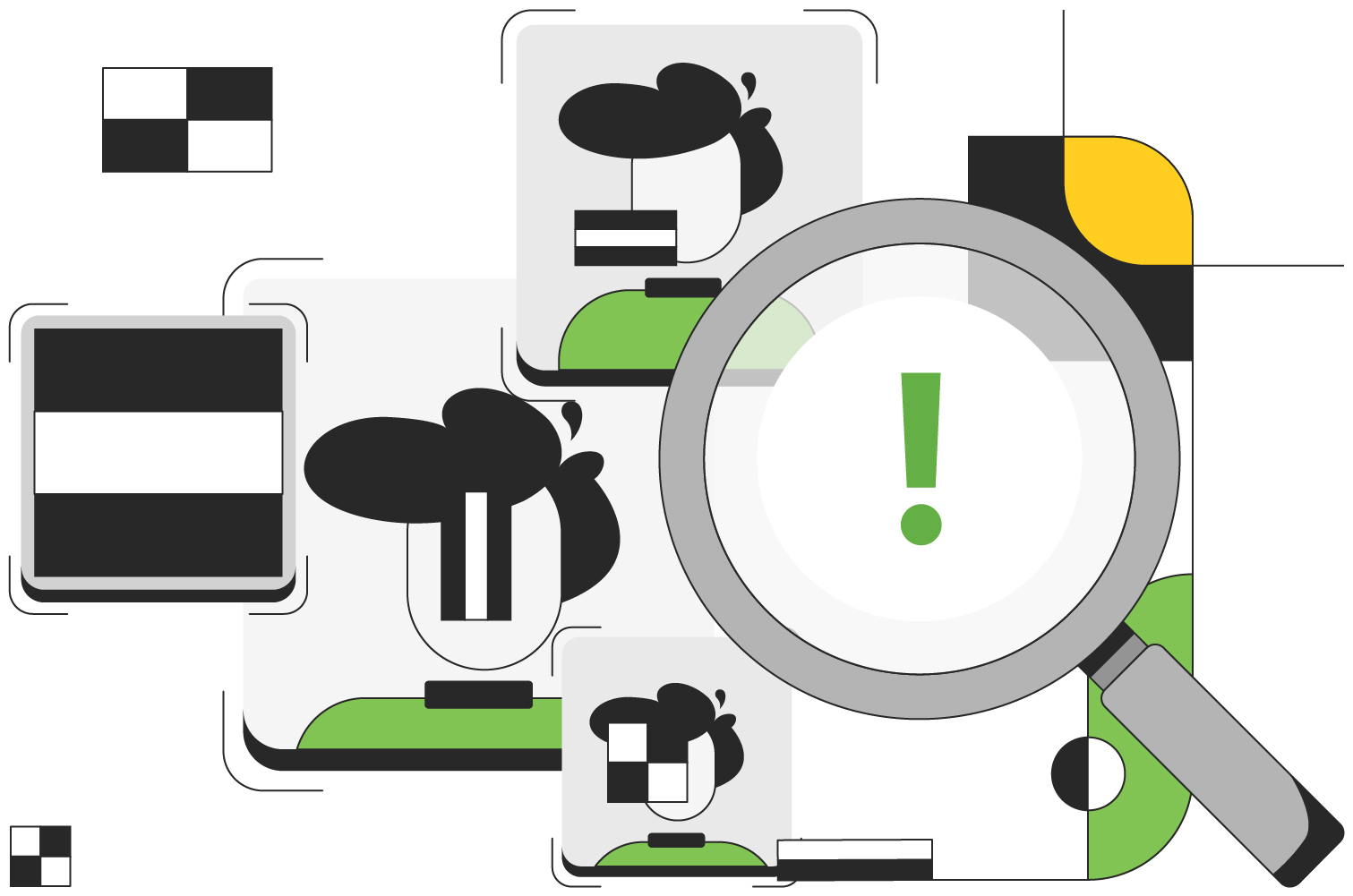 A big magnifying glass with a green exclamation mark inside of it, examining a depiction of a HAAR cascade algorithm, while also showing scattered stylized human profile images.