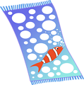 Towel blue with white bubbles and red fish with white strips