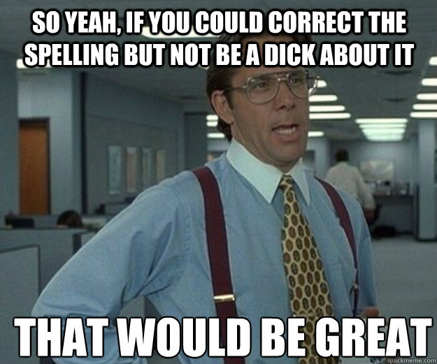 So yeah, if you could correct the spelling but not be a dick about it THAT WOULD BE GREAT  