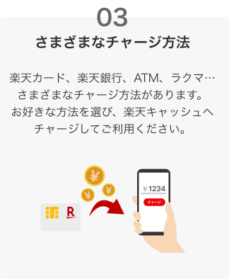 さまざまなチャージ方法。楽天カード、楽天銀行、ATM、ラクマなどさまざまなチャージ方法があります。お好きな方法を選び、楽天キャッシュへチャージしてご利用ください。