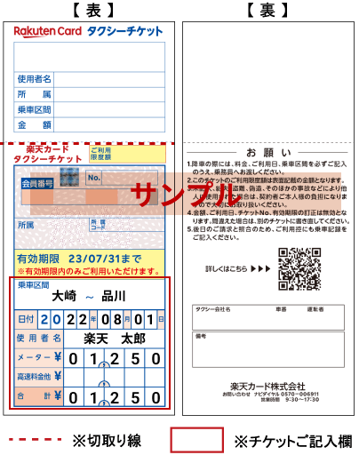 楽天カードタクシーチケット 表と裏 サンプル