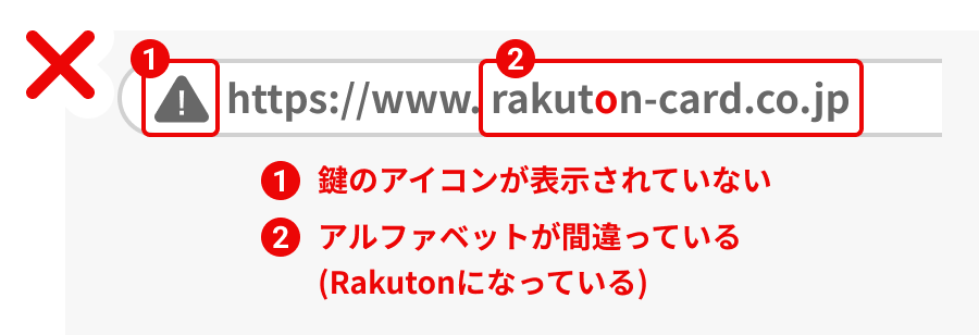 NGパターン 1.鍵のアイコンが表示されていない 2.アルファベットが間違っている（Rakutonになっている）