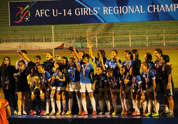 WELL DESERVED. The Philippine U14 National Girls Team celebrates their second place finish in the AFC U14 Southeast Asia championship. Photo by Ronald Whaley