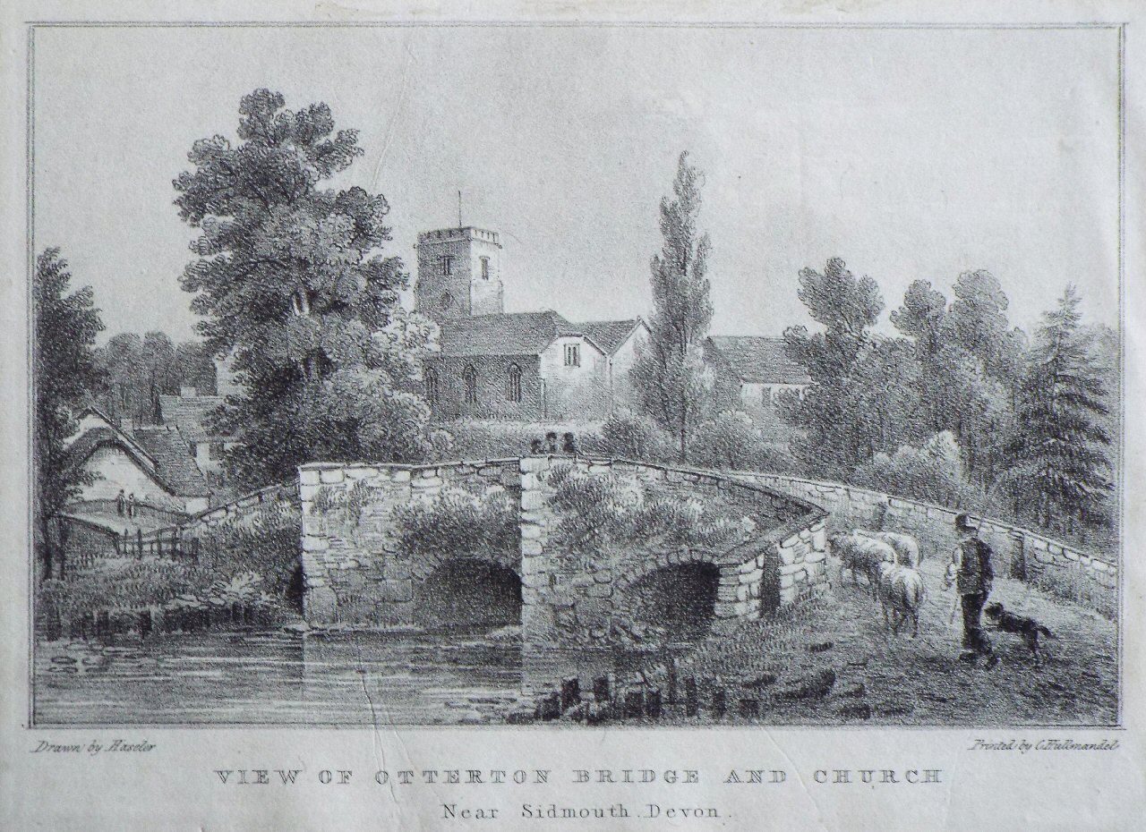 Lithograph - View of Otterton Bridge and Church Near Sidmouth Devon - Haseler