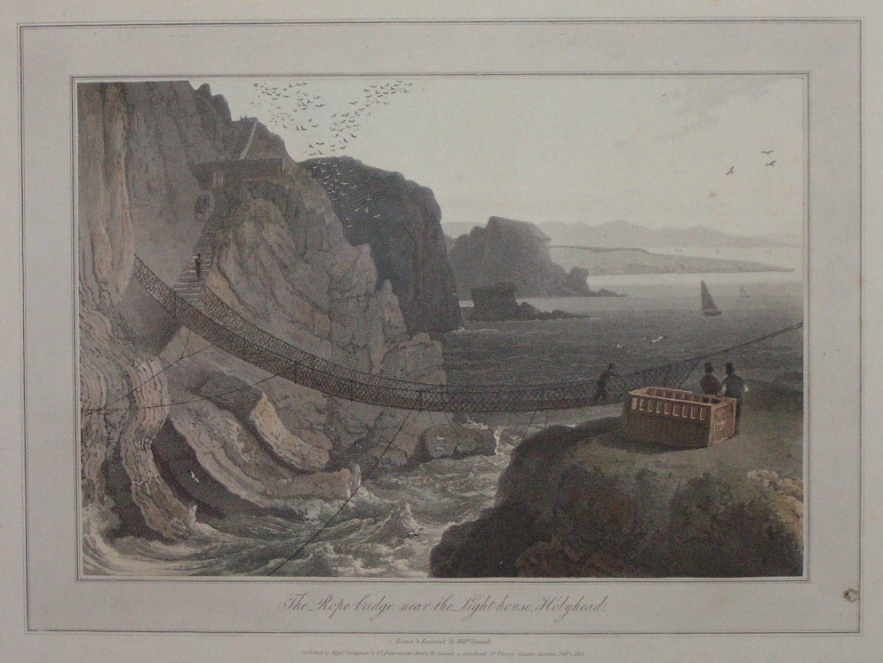 Aquatint - The Rope Bridge, near the Light house, Holyhead - Daniell