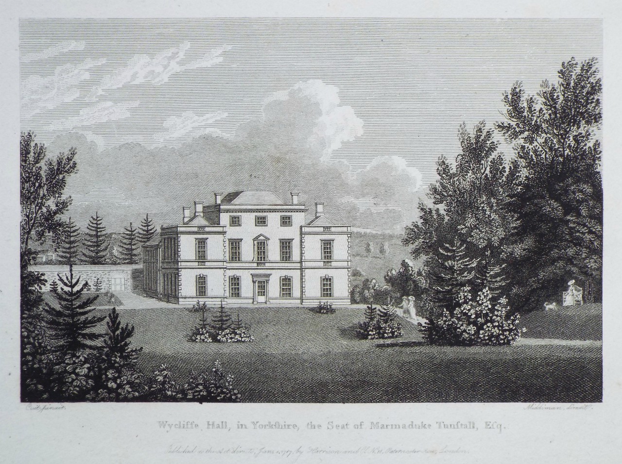 Print - Wycliffe Hall, in Yorkshire, the Seat of Marmaduke Tunstall, Esq. - 