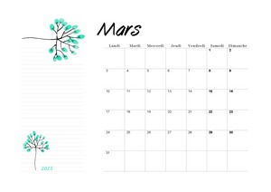 Calendrier de mars 2025 imprimable