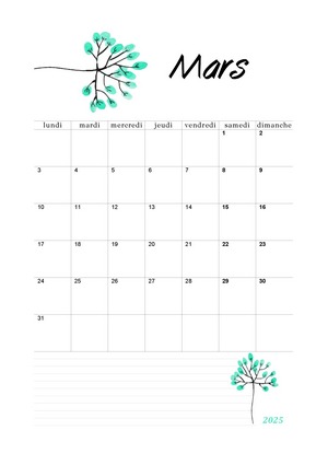 Calendrier de Mars 2025 à imprimer