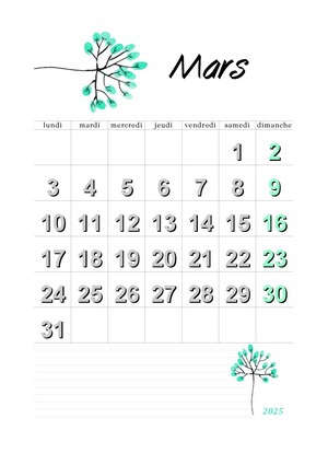 Calendrier de mars 2025 à imprimer