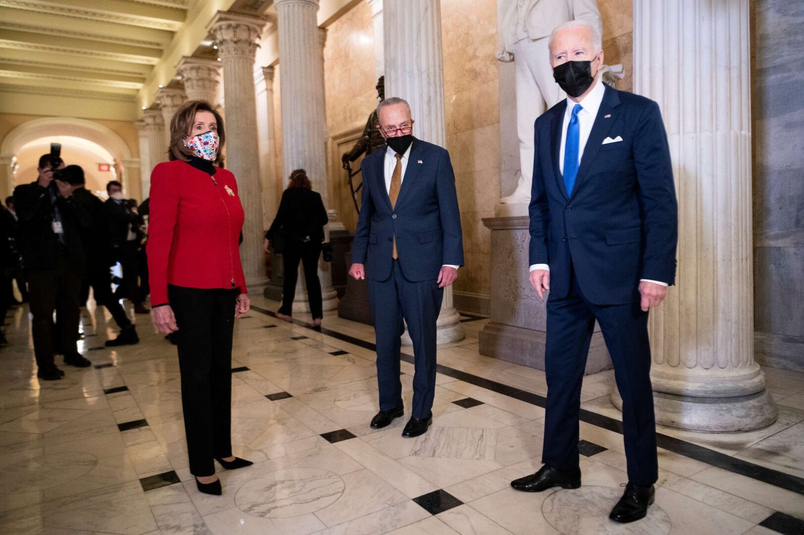 President Joe Biden, right, appearing here on Jan. 6, 2022, with Senate Majority Leader Charles E. Schumer, center, and Speaker Nancy Pelosi, is in negative territory with the public on its top issues, David Winston writes. 