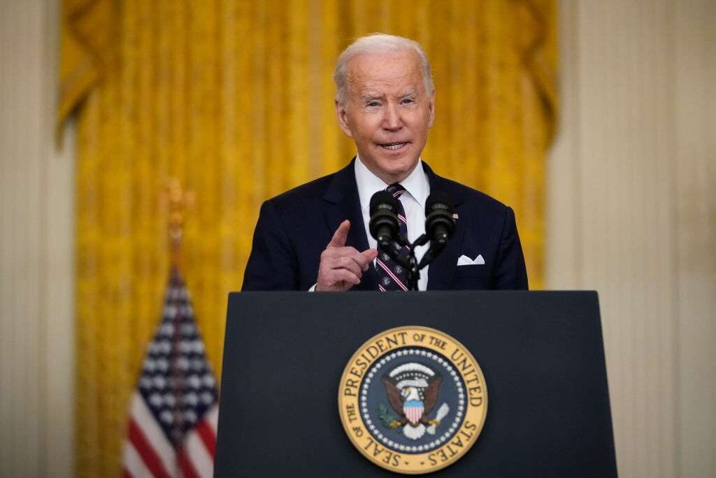 President Joe Biden delivers remarks on developments in Ukraine and announces sanctions against Russia from the White House on Tuesday. 