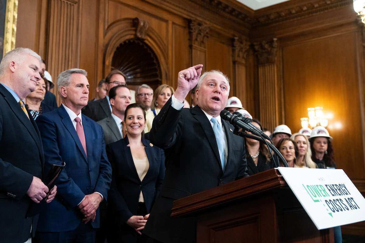 House Majority Leader Steve Scalise speaks during a news conference after the House passed the “Lower Energy Costs Act” on March 30.