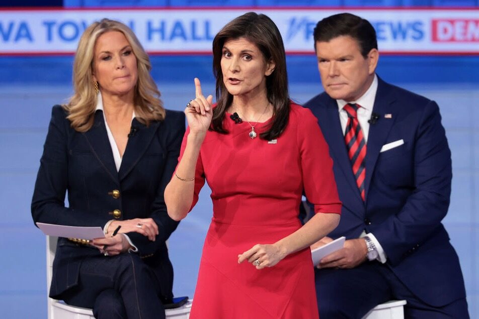 Republican presidential candidate Nikki Haley participates in a Fox News Town Hall with moderators Martha MacCallum and Bret Baier on Jan. 8 in Des Moines, Iowa. 