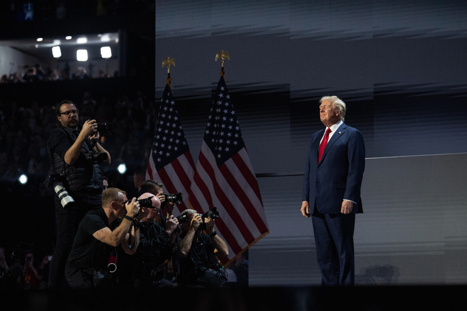 Former President Donald Trump arrives on stage on the last night of the Republican National Convention in Milwaukee on July 18.