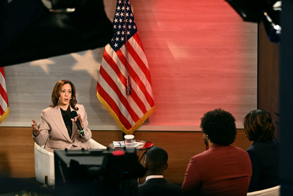 Vice President Kamala Harris, the Democratic presidential nominee, participates in an interview hosted by the National Association of Black Journalists, in Philadelphia on Tuesday. (Jim WatsonAFP via Getty Images)