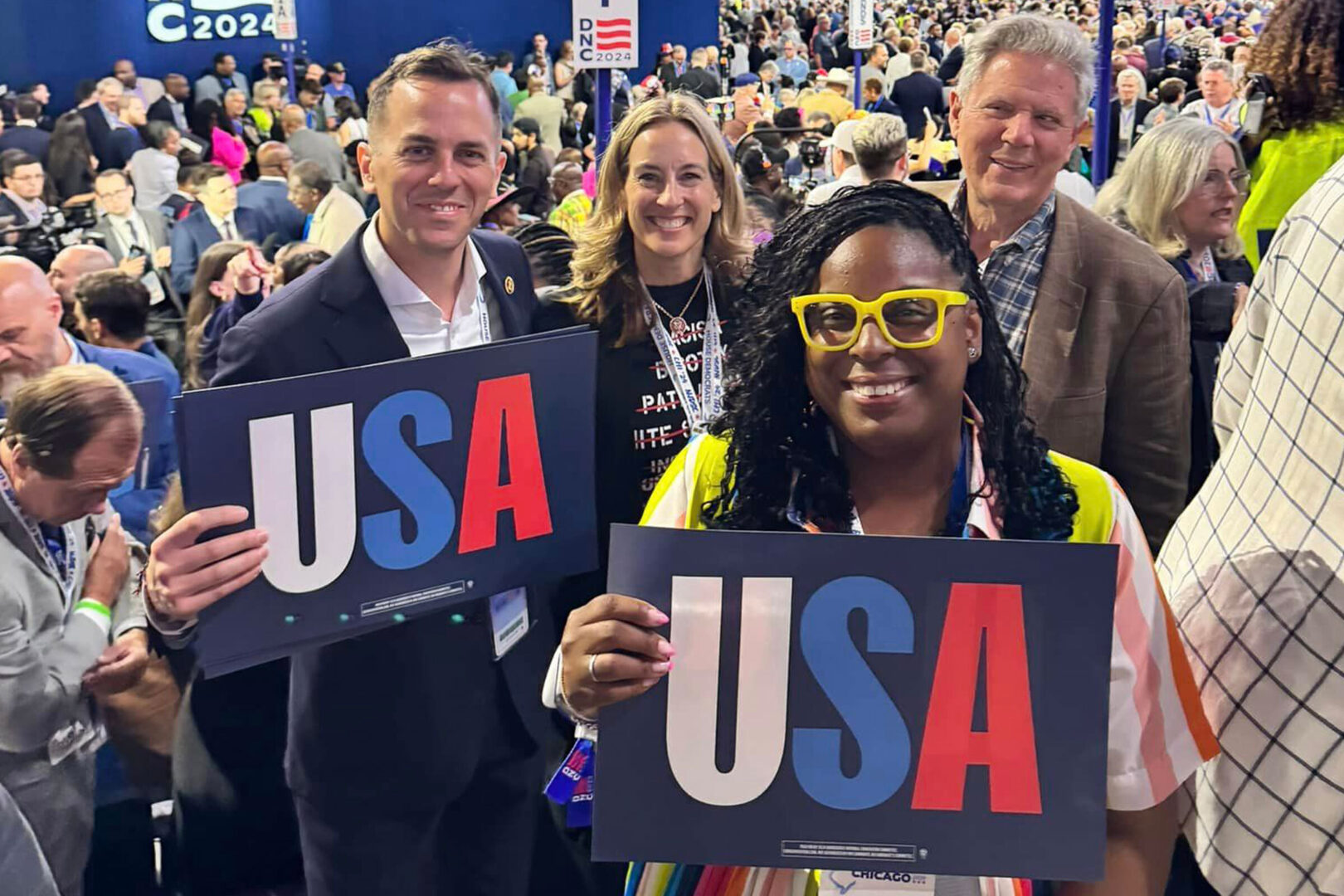 House candidate LaMonica McIver, front right, poses with, from left, Reps. Rob Menendez, Mikie Sherrill and Frank Pallone Jr., all D-N.J., during the Democratic National Convention in Chicago.