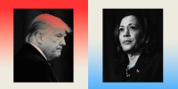 Photo illustration of side-by-side images of Trump and Harris 