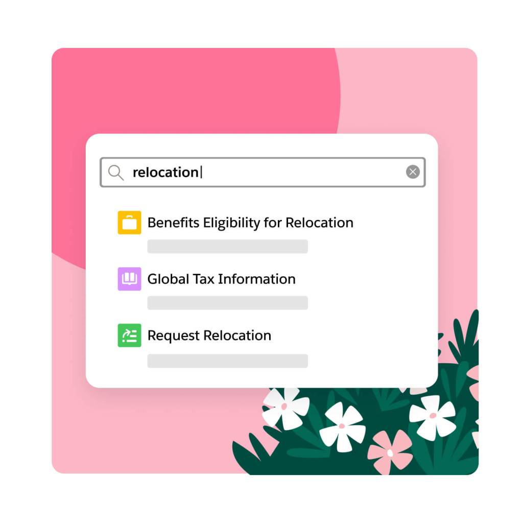 A window depicting knowledge articles for an employee looking for information on relocation