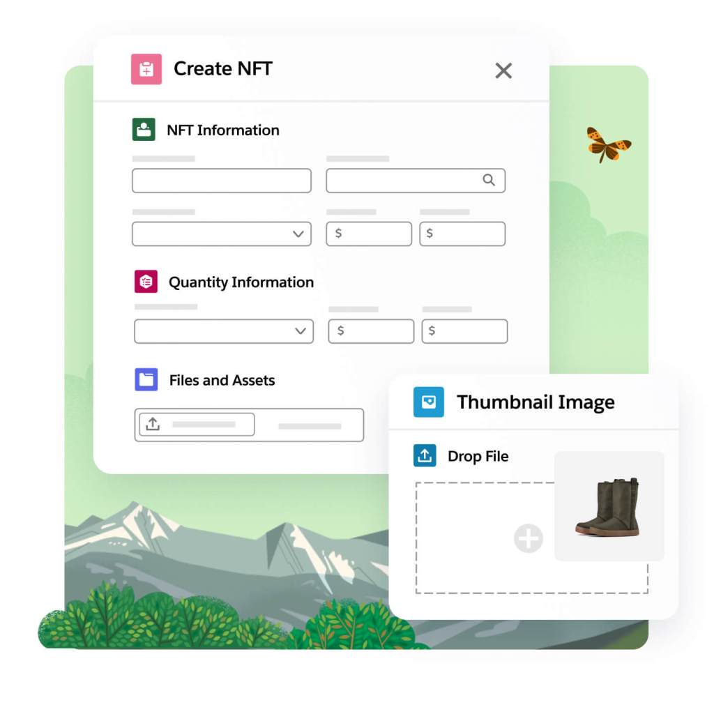 Create NFT smart contract template with empty fields. Pop-out window titled 'Thumbnail image' has a computer cursor dragging an image of shoes into the 'Drop File' field.