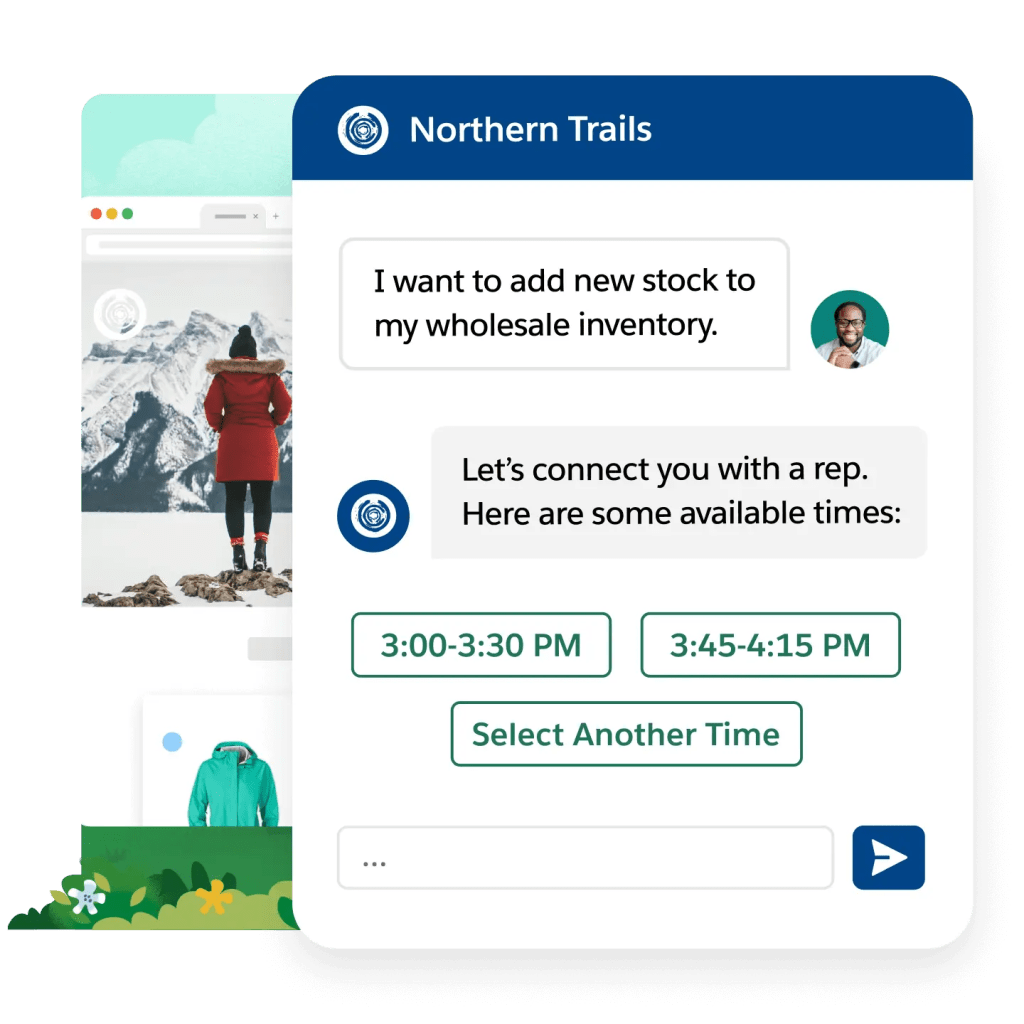 An AI chat window shows a customer request to add new stock to his inventory, a chatbot gives times to talk with a rep.