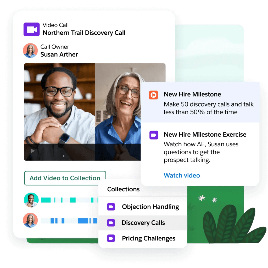 Windows show a recorded video call with highlights, new hire milestones, a training exercise, and more call collections.