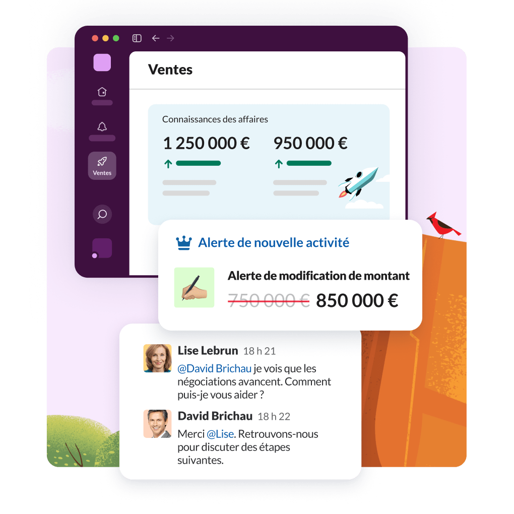 Interface Slack affichant des insights sur les ventes et des alertes sur les nouvelles affaires.