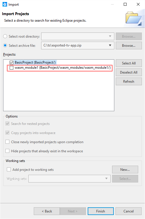 Figure 3. Unselect WebAssembly Modules