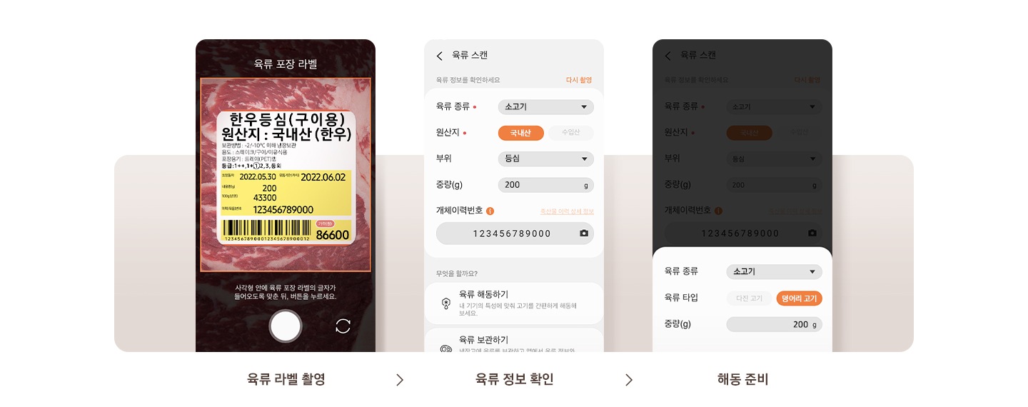 육류 포장 라벨 촬영 화면 한우 등심(구이용) 원산지 : 국내산 (한우), 육류 정보 확인 화면 육류 종류 : 소고기, 원산지 : 국내산 , 부위 : 등심, 중량(g) : 200, 해동 준비 화면 육류 종류 : 소고기, 육류 타입 : 덩어리 고기, 중량(g) : 200 g이 차례대로 보여집니다. 