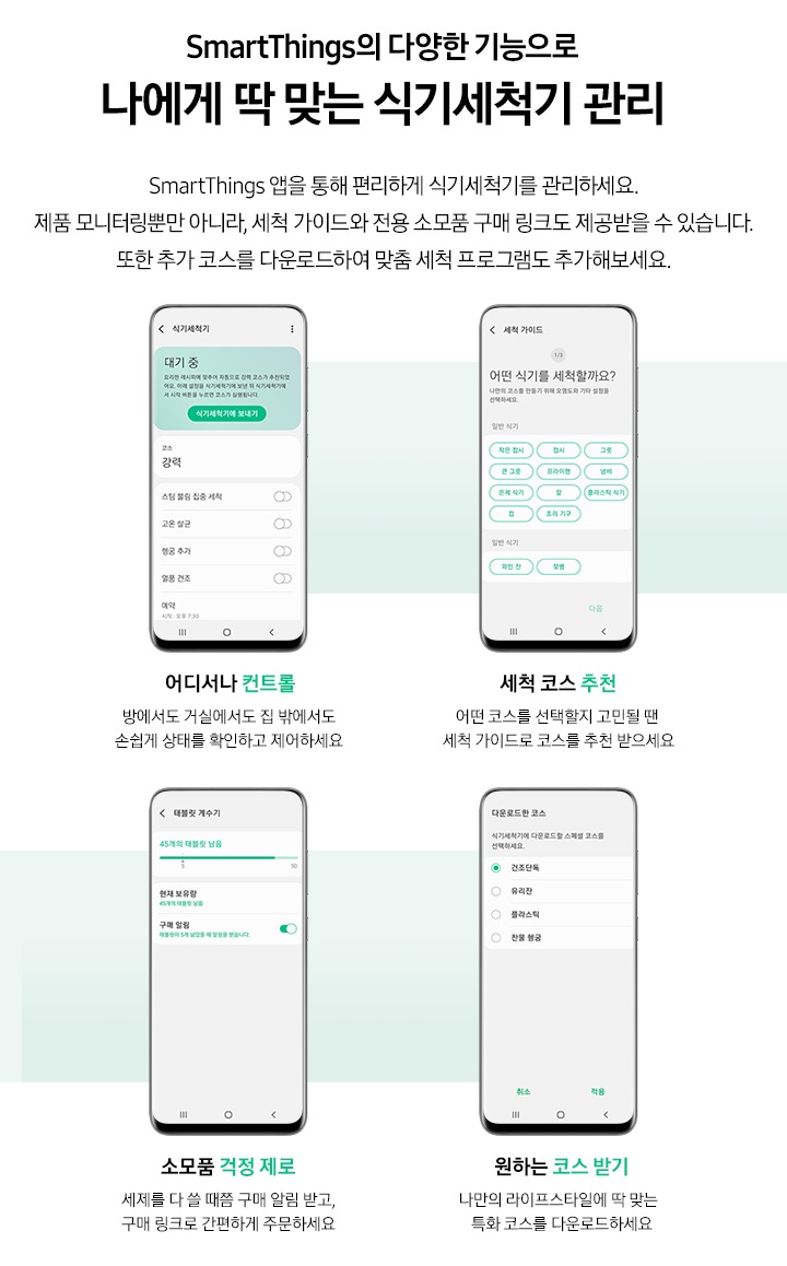 SmartThings 앱 다양한 기능이 소개되어있습니다. 위에는 'SmartThings의 다양한 기능으로 나에게 딱 맞는 식기세척기 관리. SmartThings 앱을 통해 편리하게 식기세척기를 관리하세요. 제품 모니터링뿐만 아니라, 세척 가이드와 전용 소모품 구매 링크도 제공받을 수 있습니다. 또한 추가 코스를 다운로드하여 맞춤 세척 프로그램도 추가해보세요.' 문구가 있습니다. 하단에는 4개의 앱 기능이 나열되어있습니다. 왼쪽부터 '어디서나 컨트롤. 방에서도 거실에서도 집 밖에서도 손쉽게 상태를 확인하고 제어하세요' 문구와 식기세척기 컨트롤 화면이, '세척 코스 추천. 어떤 코스를 선택할지 고민될 땐 세척 가이드로 코스를 추천 받으세요' 문구와 세척 가이드 화면, '소모품 걱정 제로. 세제를 다 쓸 때쯤 구매 알림 받고 구매 링크로 간편하게 주문하세요' 문구와 태블릿 계수기 화면, '원하는 코스 받기. 나만의 라이프스타일에 딱 맞는 특화 코스를 다운로드하세요' 문구와 다운로드한 코스 화면이 소개되어있습니다