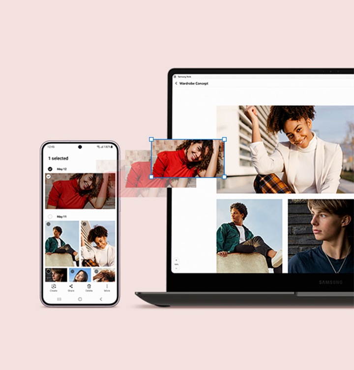 갤럭시 S23+ 에서 갤러리 앱이 열려 있습니다. 그 옆에는 노트북이 있고, 화면에는 옷장 컨셉의 프리젠테이션이 열려 있습니다. 갤럭시 S23 갤러리 앱의 인물사진이 노트북 화면의 프레젠테이션에 드래그 앤 드롭되고 있습니다.